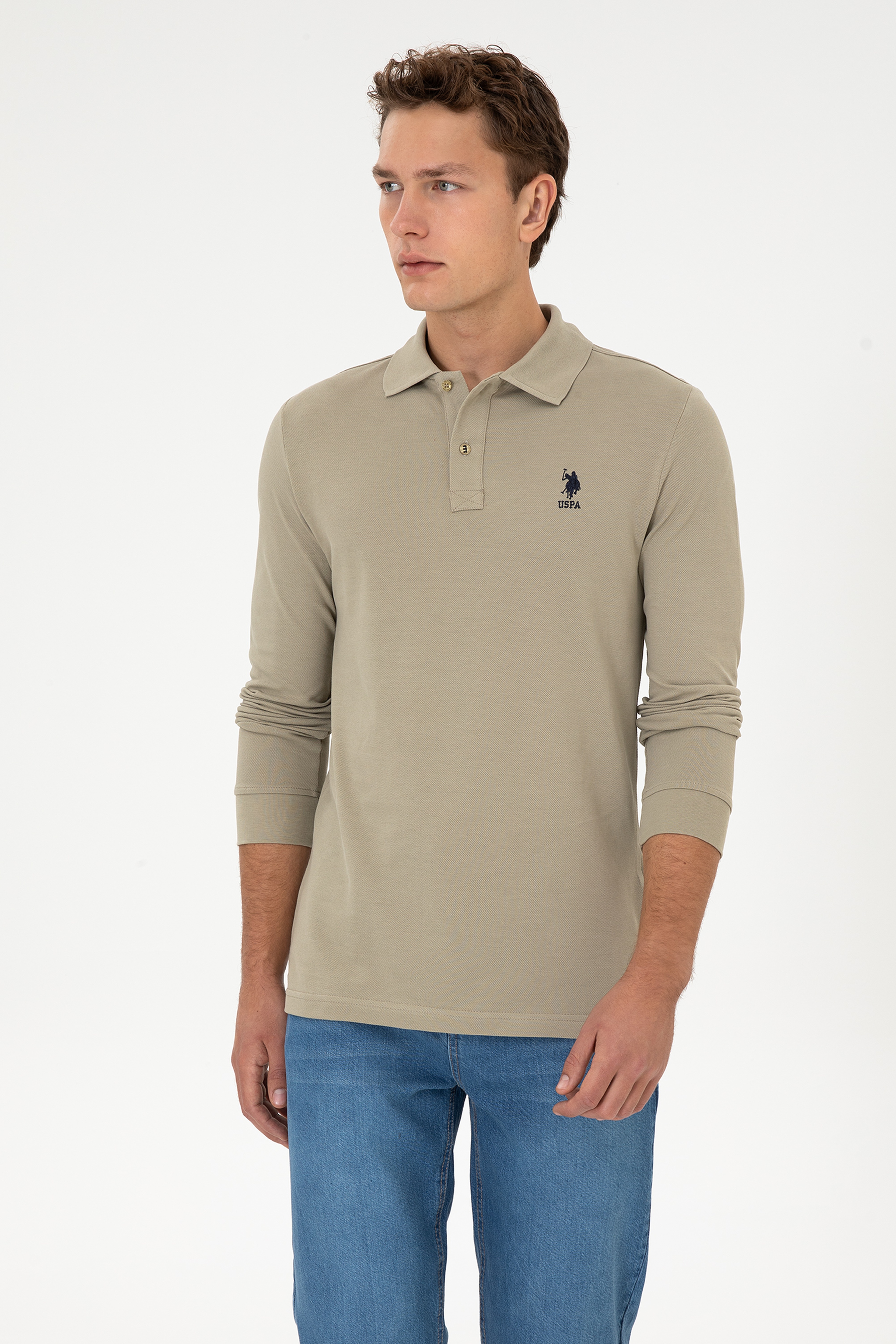 Erkek Regular Fit Polo Yaka Açık Haki Basic Sweatshirt