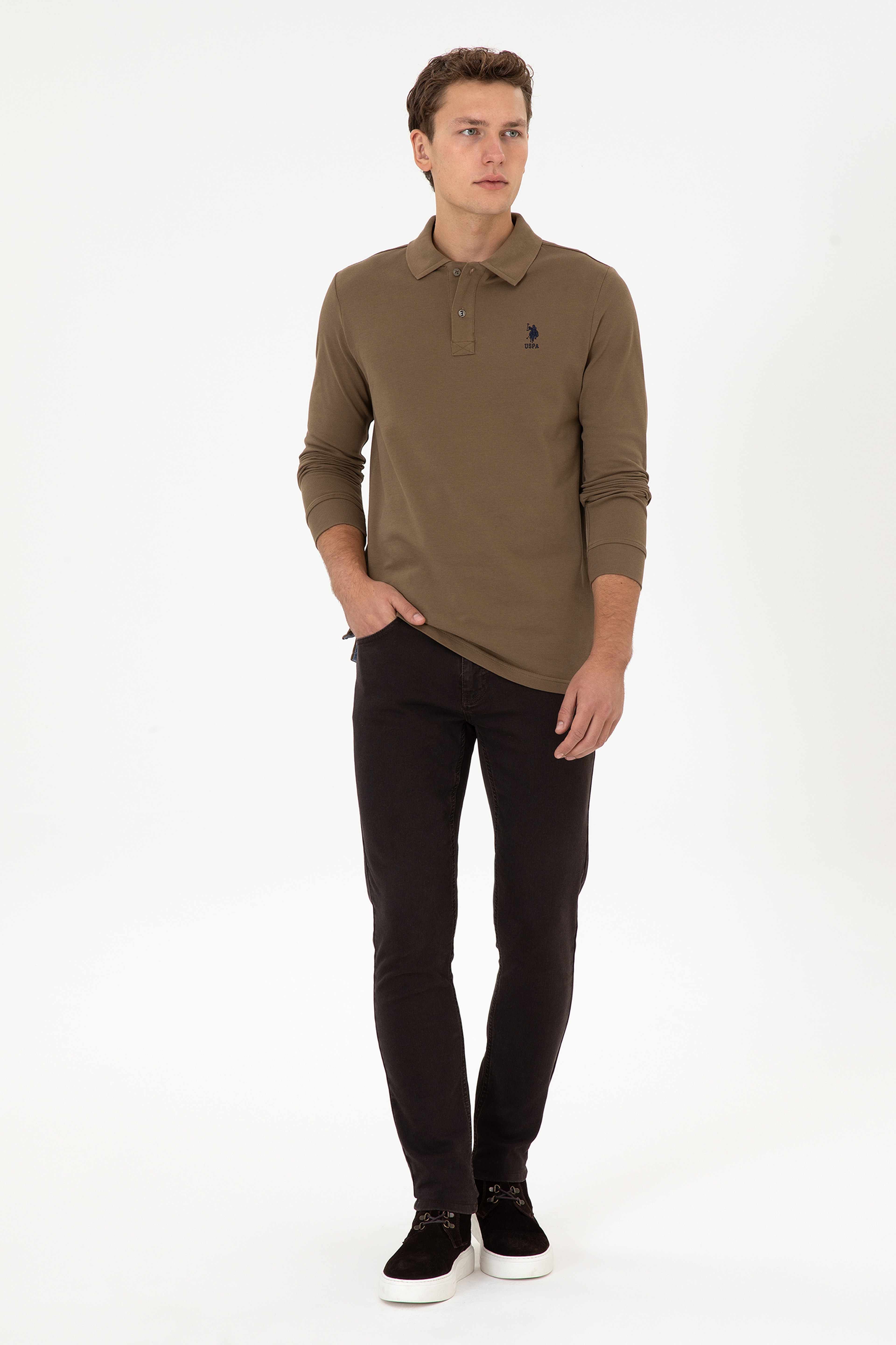 Erkek Regular Fit Polo Yaka Haki Basic Sweatshirt