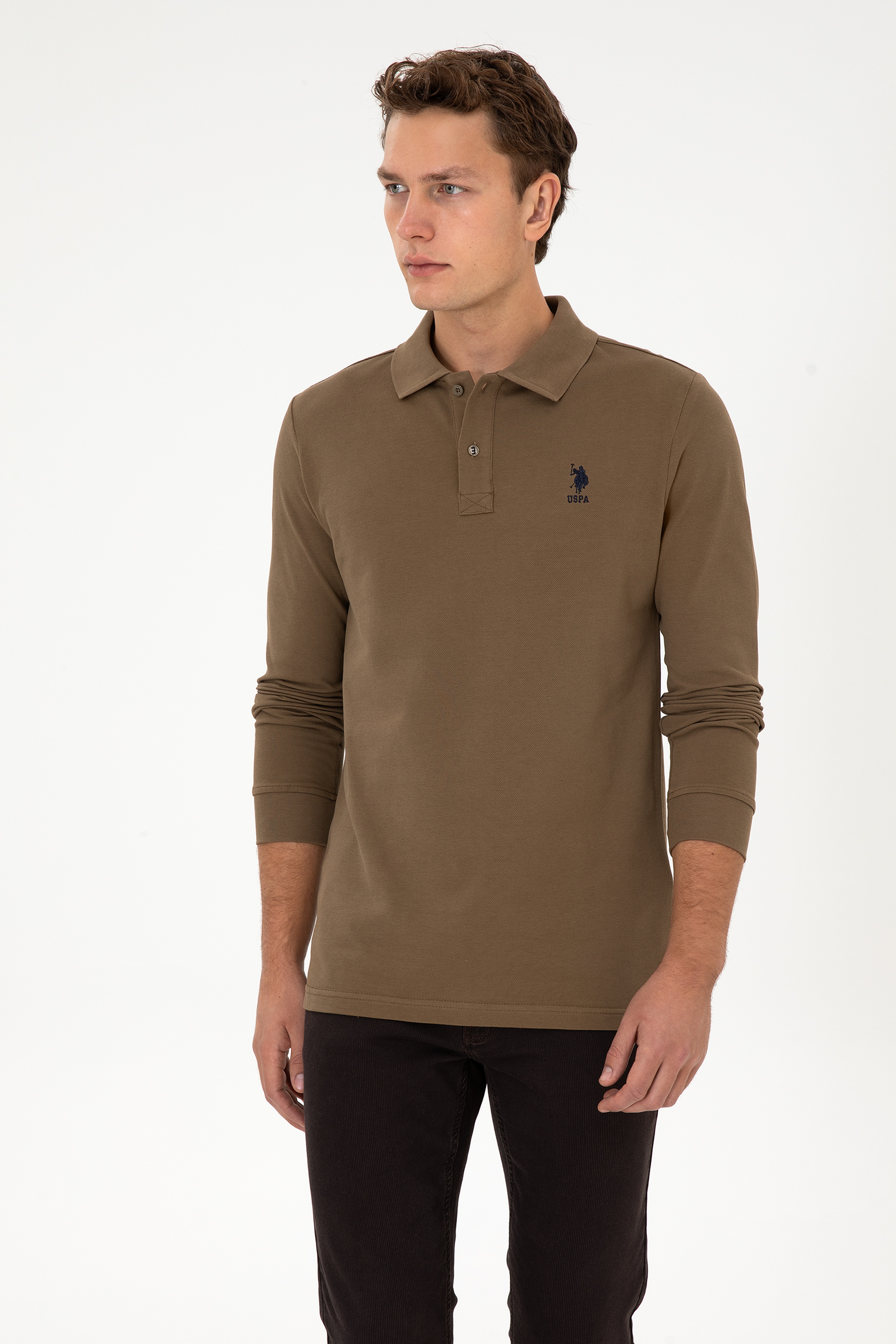 Erkek Regular Fit Polo Yaka Haki Basic Sweatshirt