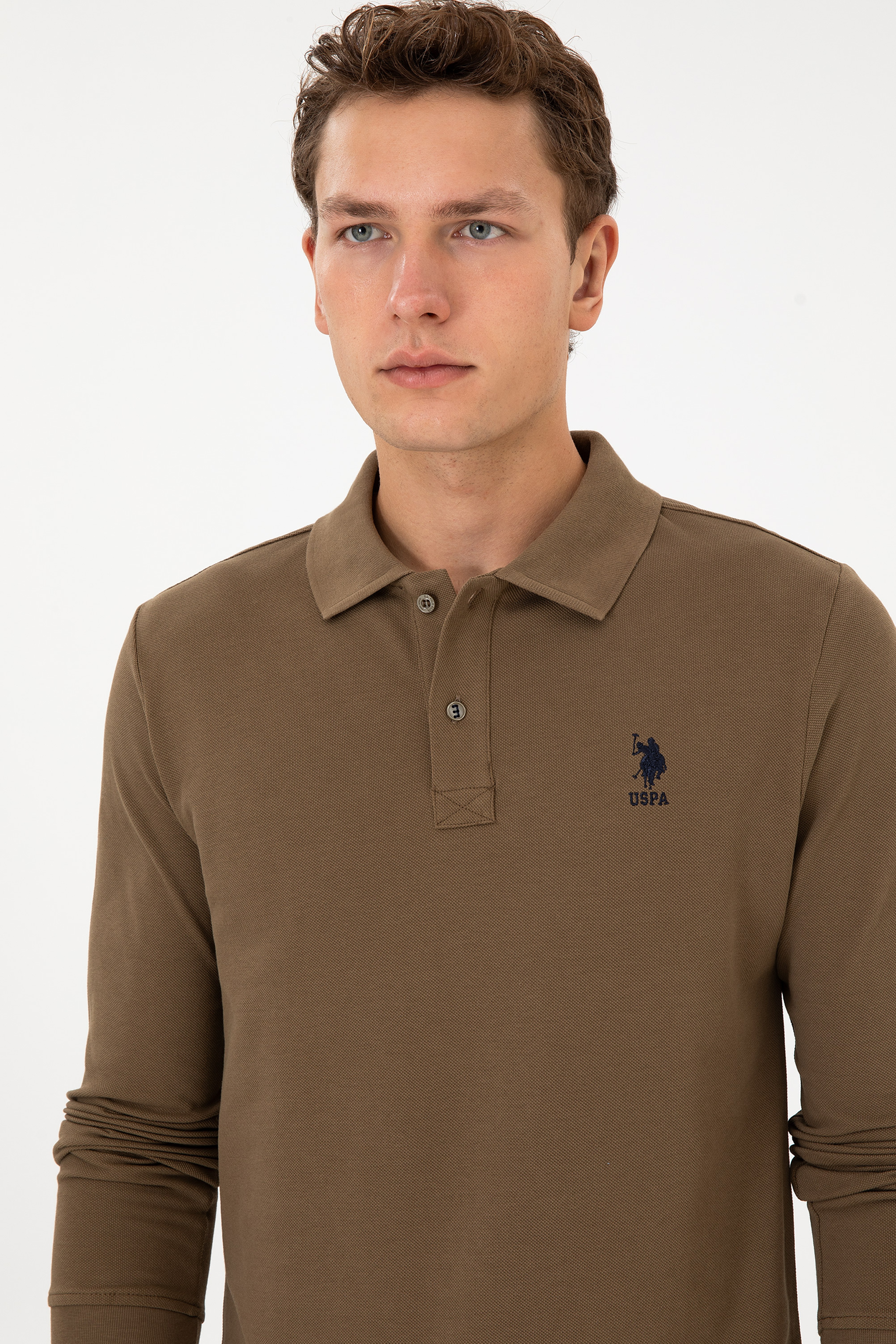 Erkek Regular Fit Polo Yaka Haki Basic Sweatshirt - Image 2
