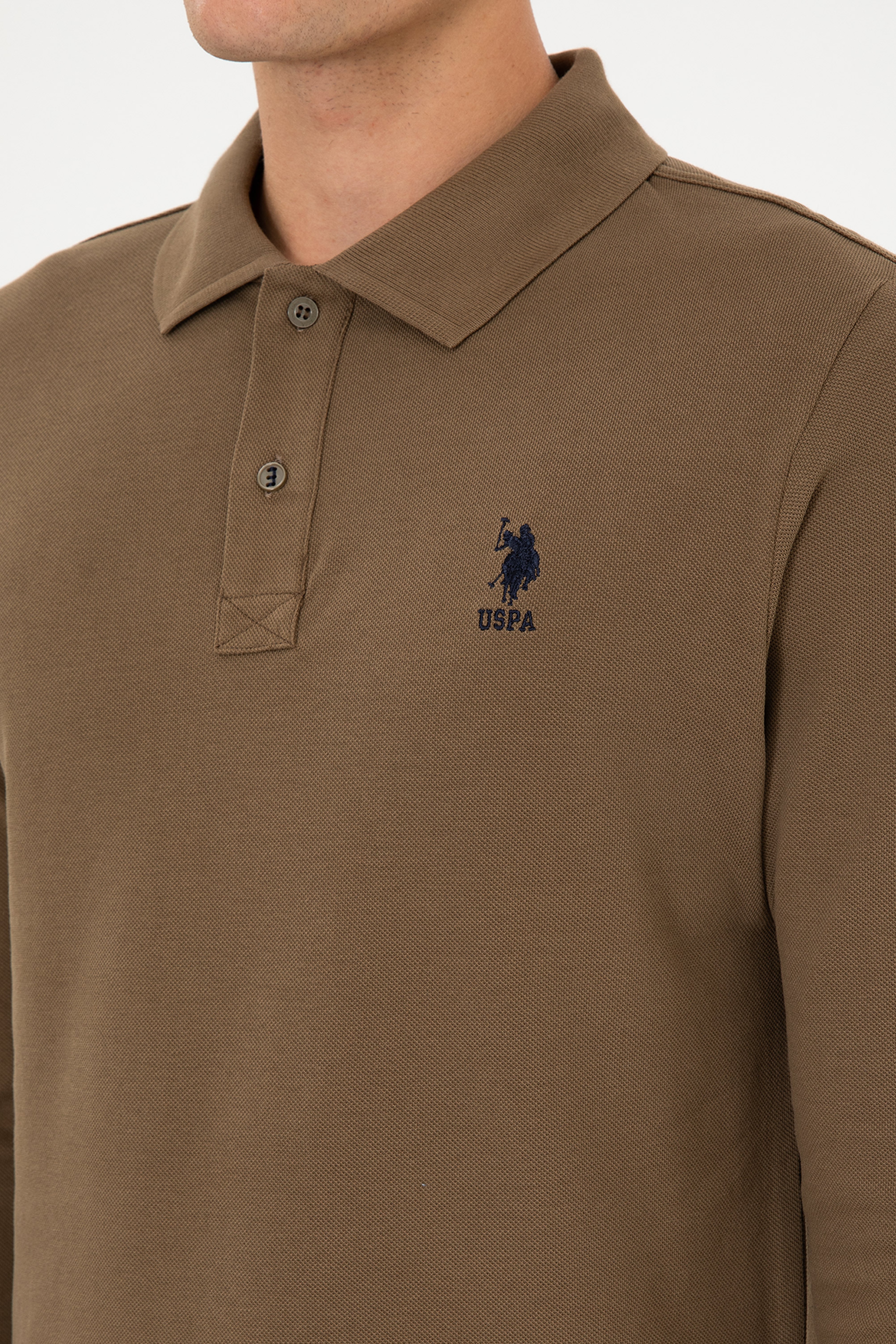 Erkek Regular Fit Polo Yaka Haki Basic Sweatshirt
