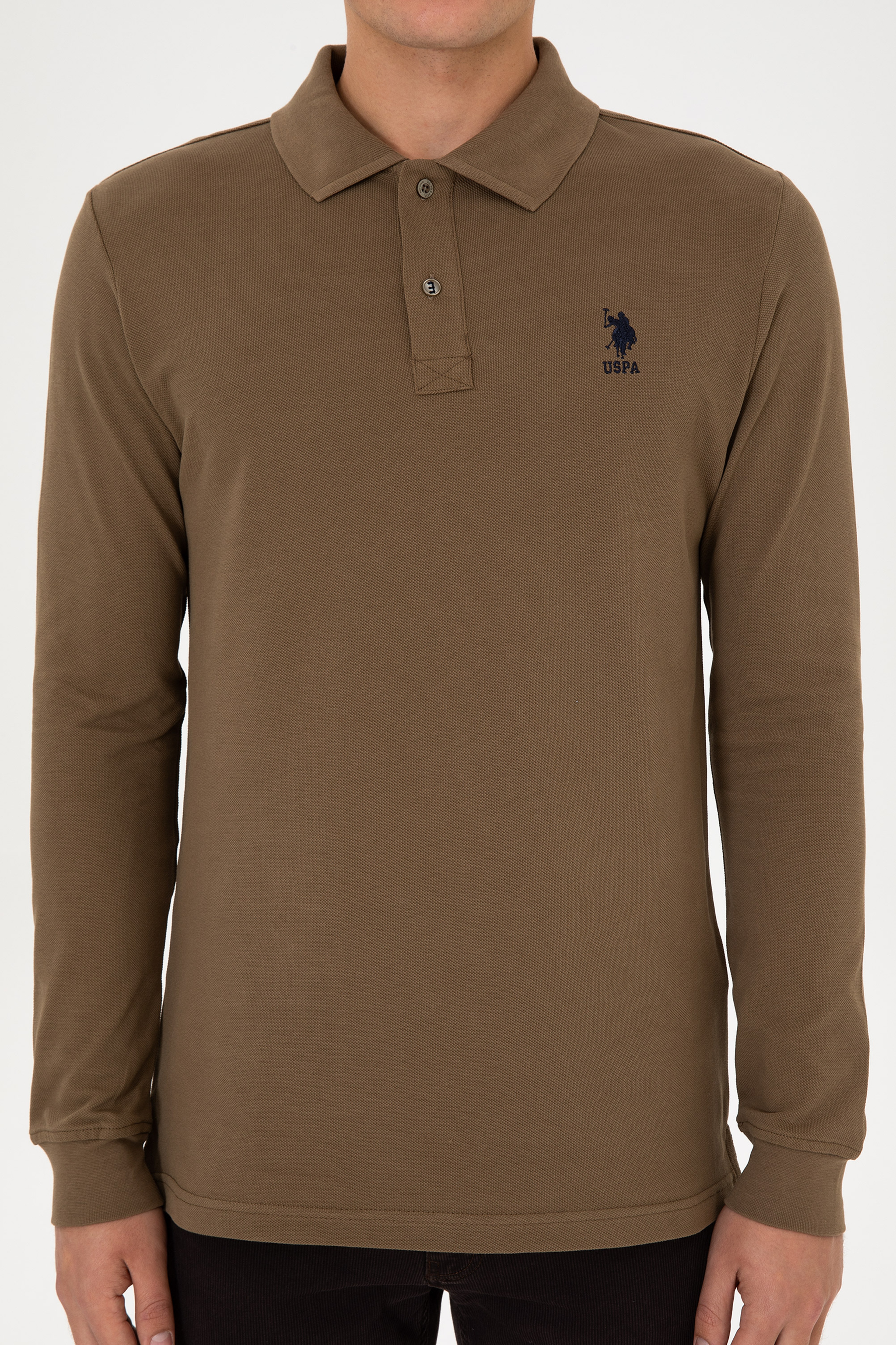 Erkek Regular Fit Polo Yaka Haki Basic Sweatshirt - Image 6