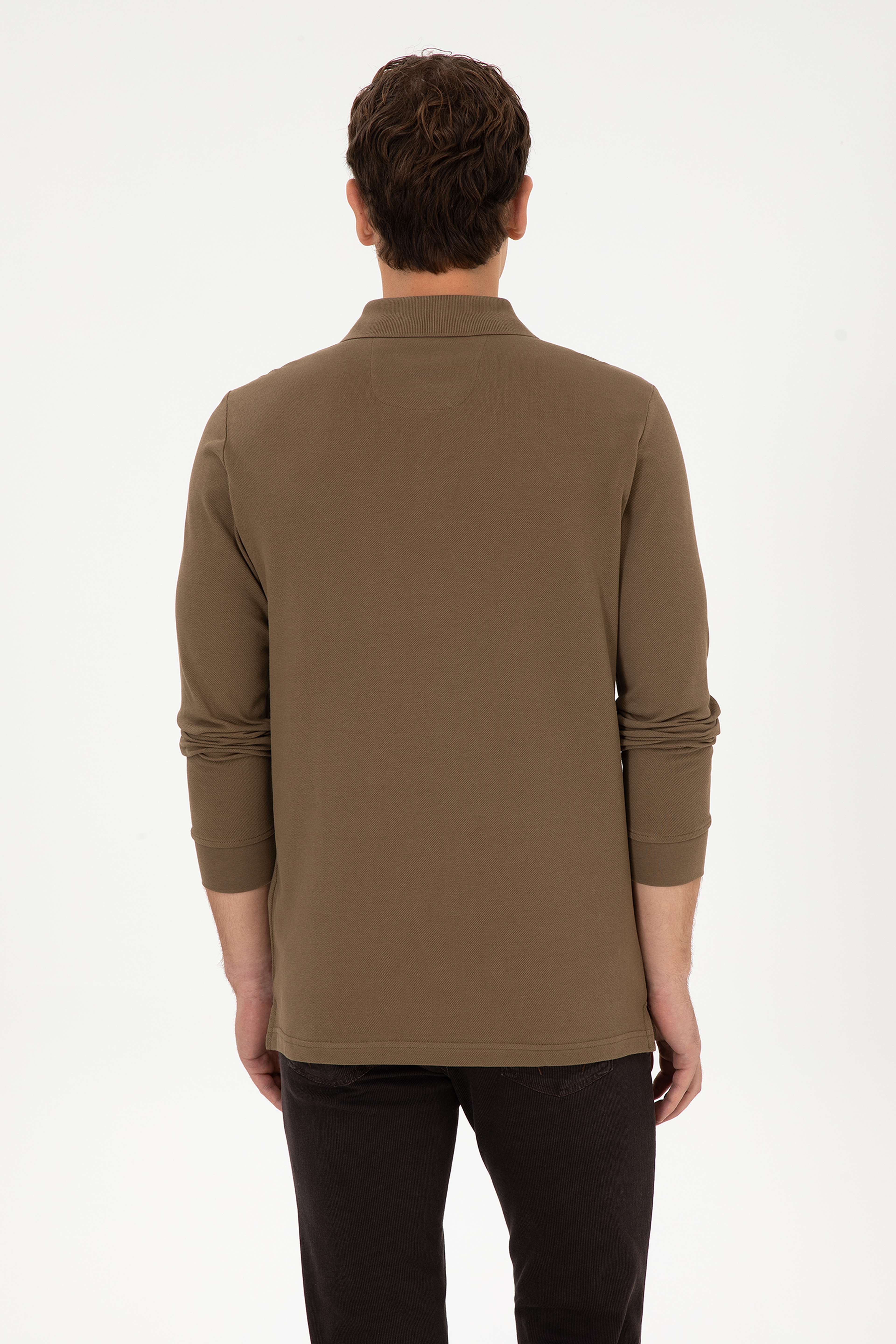 Erkek Regular Fit Polo Yaka Haki Basic Sweatshirt