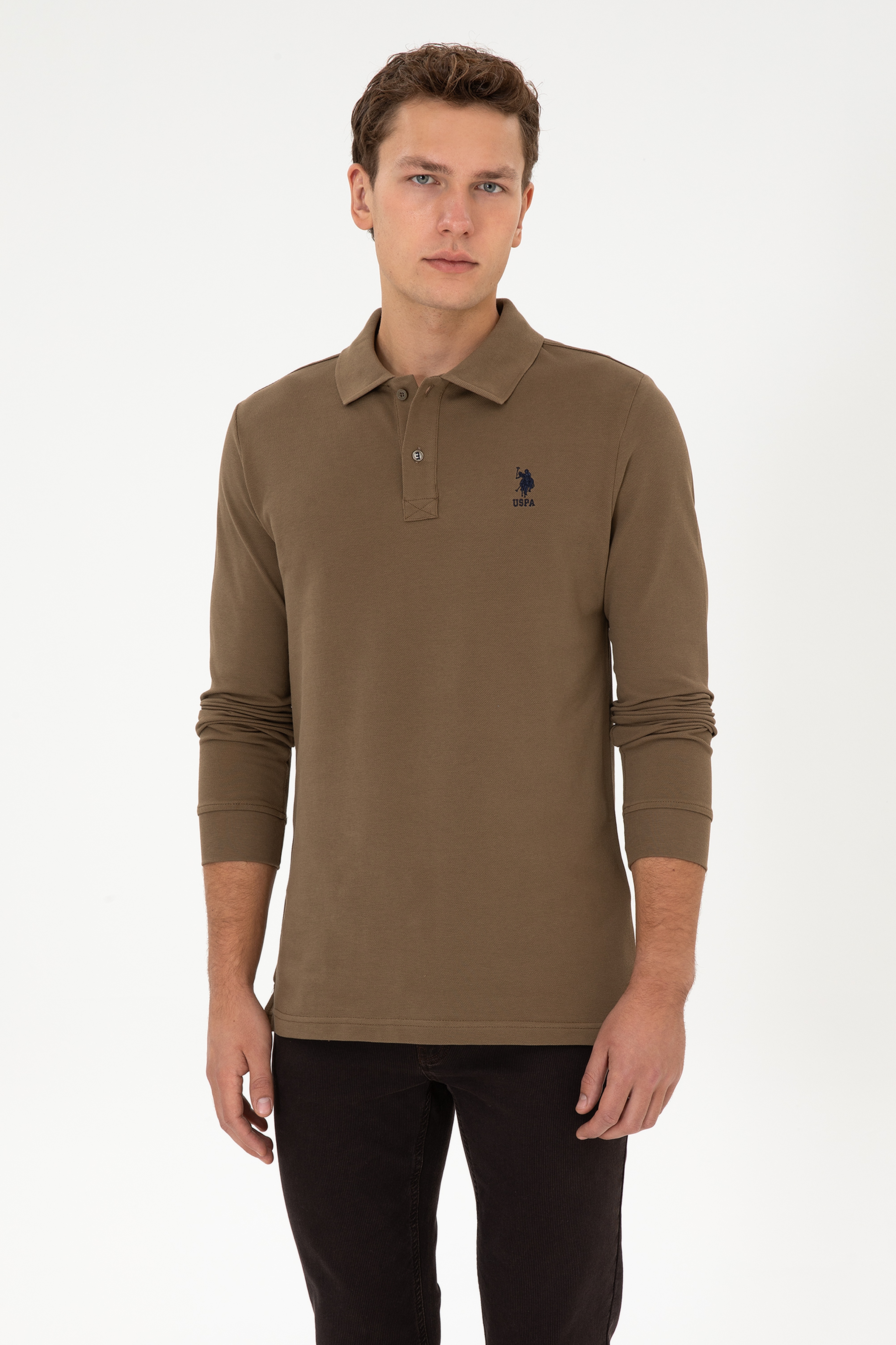 Erkek Regular Fit Polo Yaka Haki Basic Sweatshirt - Image 1