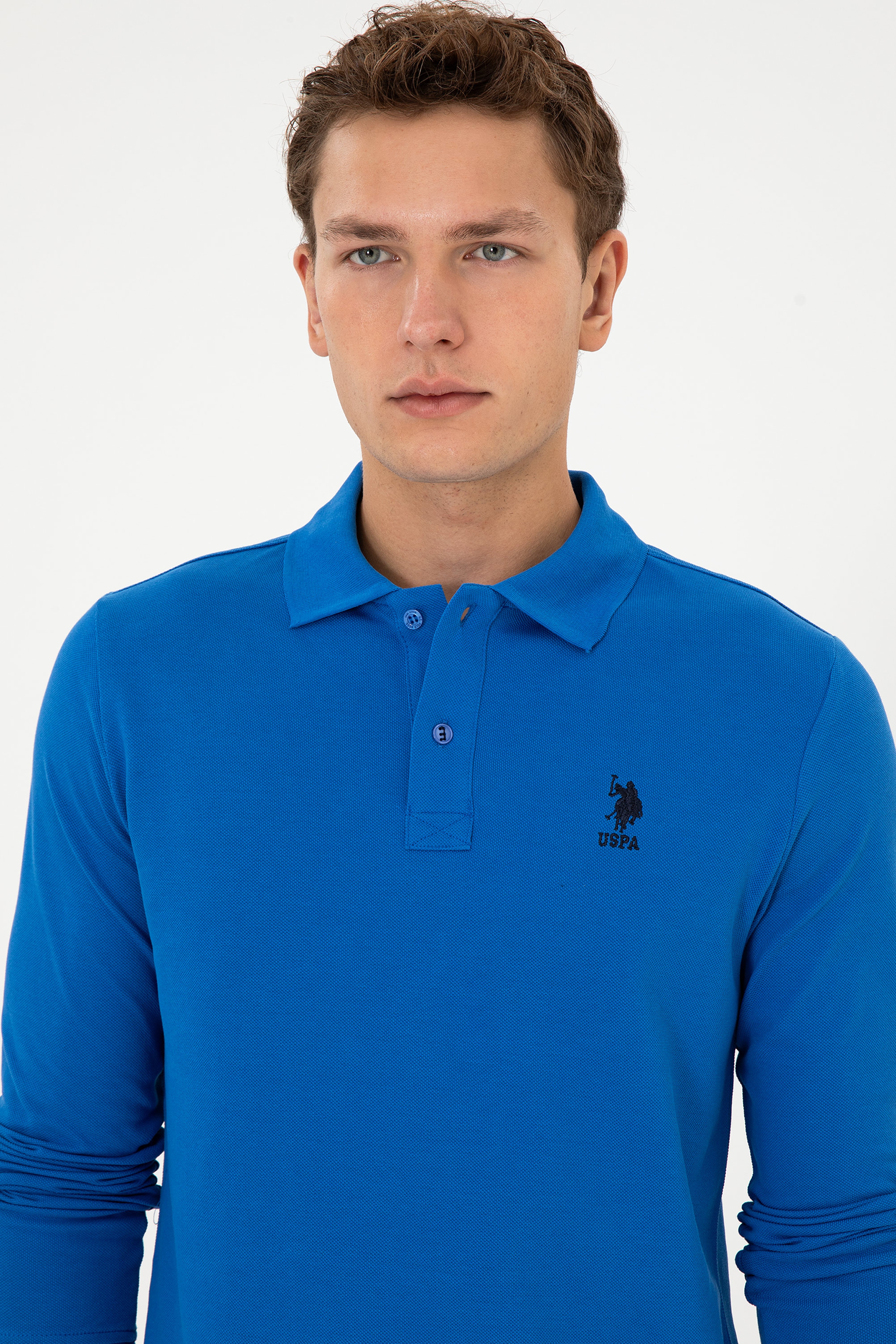 Erkek Regular Fit Polo Yaka Saks Basic Sweatshirt