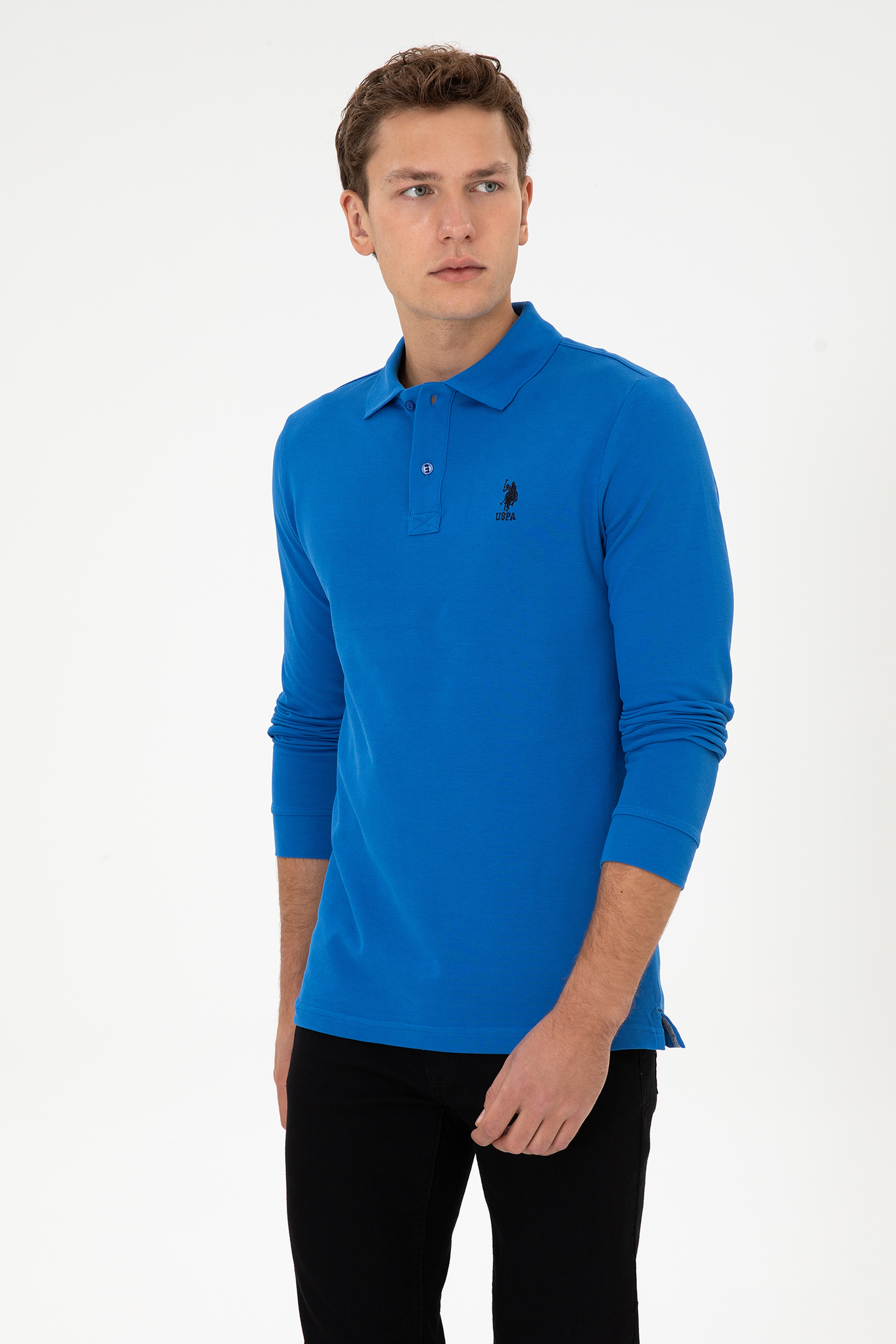 Erkek Regular Fit Polo Yaka Saks Basic Sweatshirt - Image 1