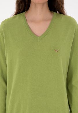 Kadın Fıstık Yeşili V Yaka Basic Kazak - 50313598024