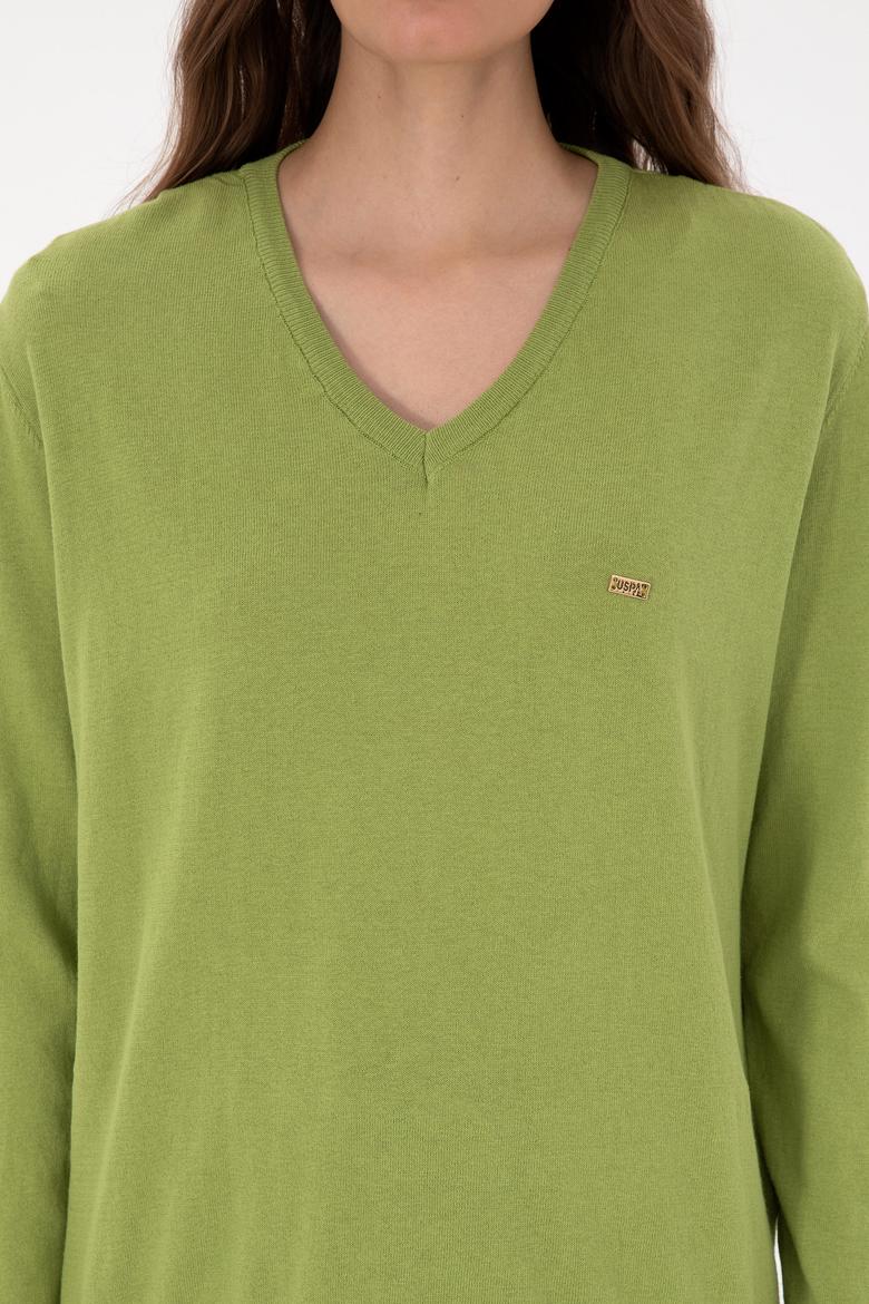 Kadın Fıstık Yeşili V Yaka Basic Kazak - 50313598024