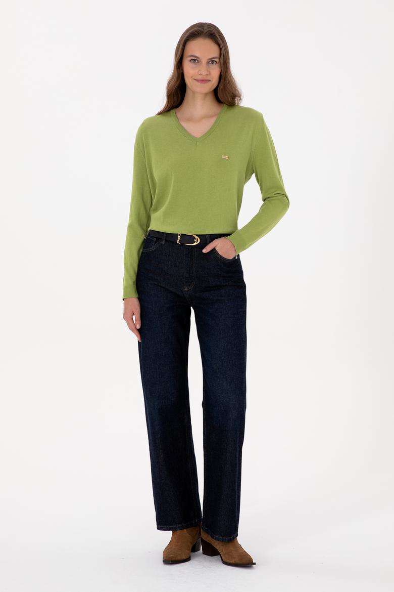 Kadın Fıstık Yeşili V Yaka Basic Kazak - 50313598024