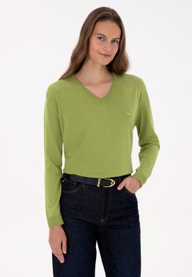 Kadın Fıstık Yeşili V Yaka Basic Kazak - 50313598024