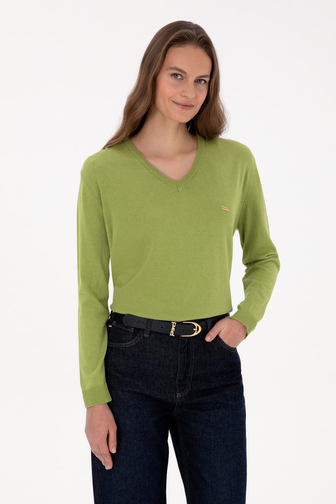 Kadın Fıstık Yeşili V Yaka Basic Kazak