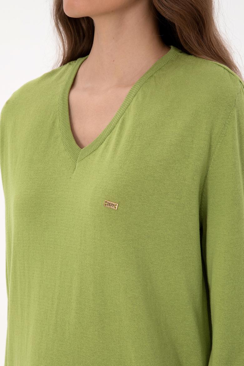Kadın Fıstık Yeşili V Yaka Basic Kazak - 50313598024