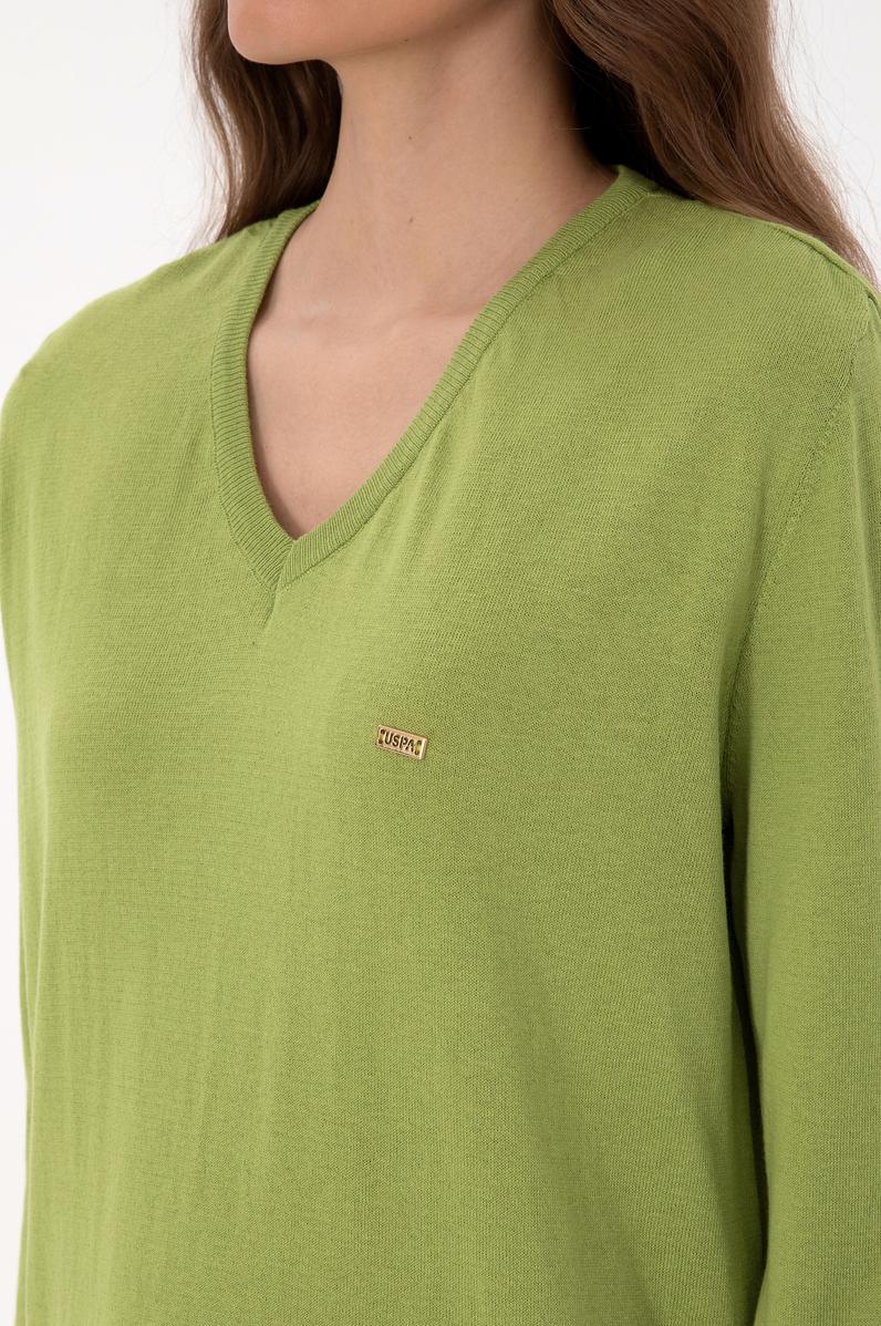 Kadın Fıstık Yeşili V Yaka Basic Kazak