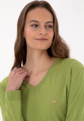 Kadın Fıstık Yeşili V Yaka Basic Kazak - 50313598024