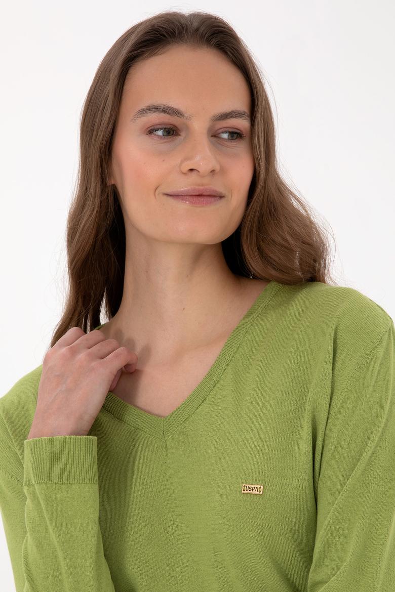 Kadın Fıstık Yeşili V Yaka Basic Kazak - 50313598024