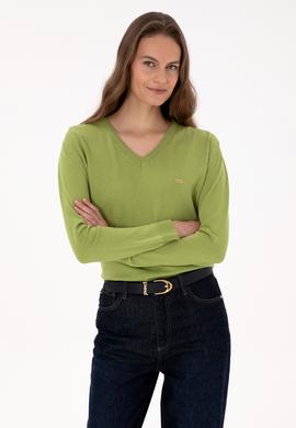 Kadın Fıstık Yeşili V Yaka Basic Kazak - 50313598024
