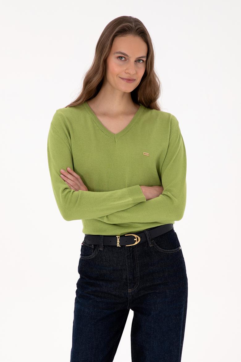 Kadın Fıstık Yeşili V Yaka Basic Kazak - 50313598024