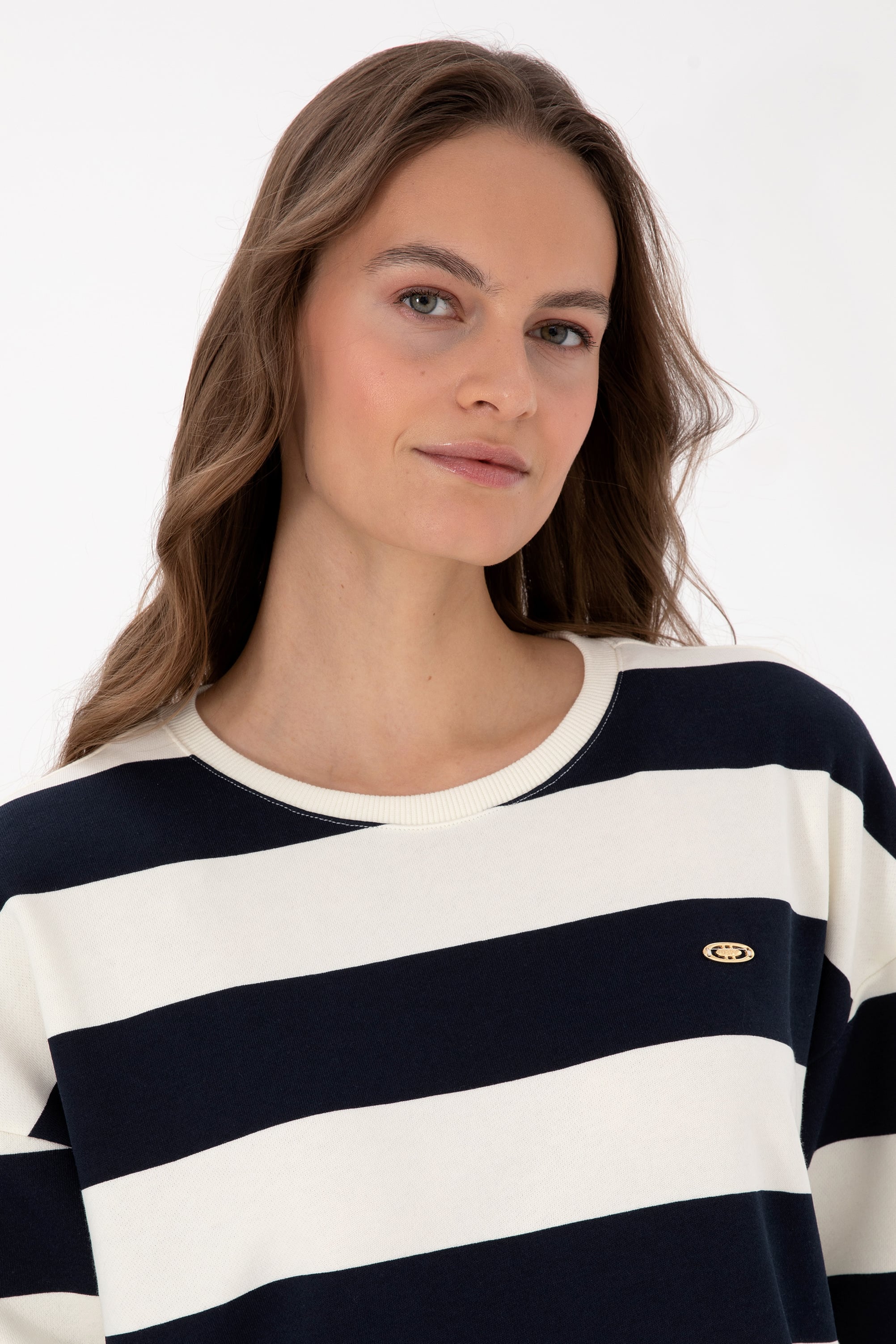 Kadın Lacivert Çizgili Bisiklet Yaka Sweatshirt - Image 2
