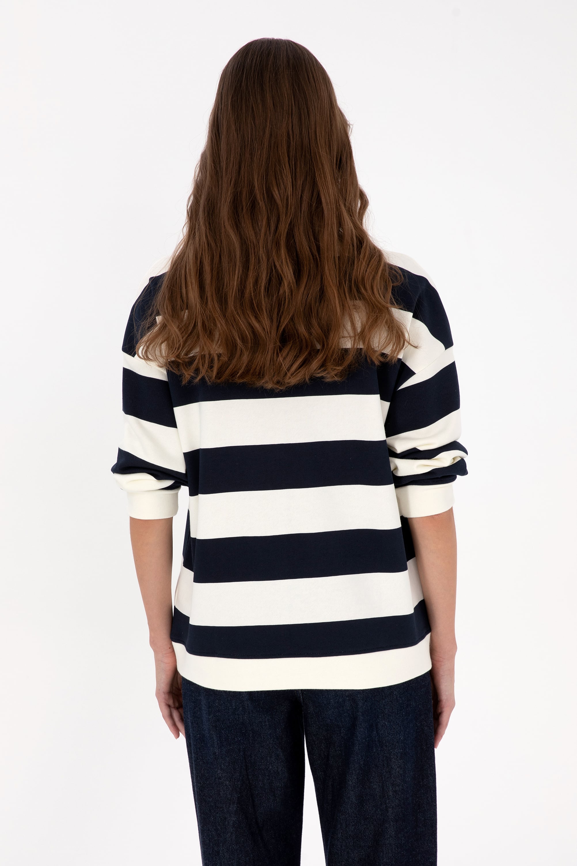 Kadın Lacivert Çizgili Bisiklet Yaka Sweatshirt - Image 5