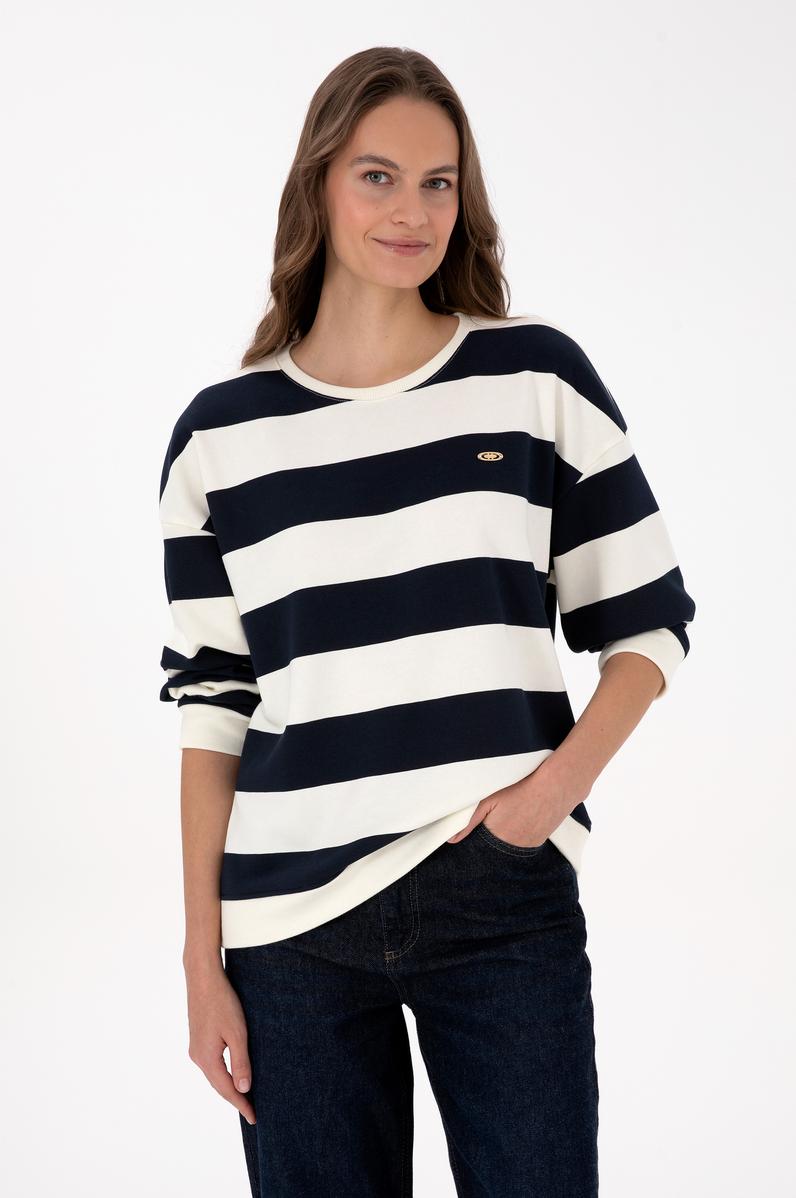 Kadın Lacivert Çizgili Bisiklet Yaka Sweatshirt