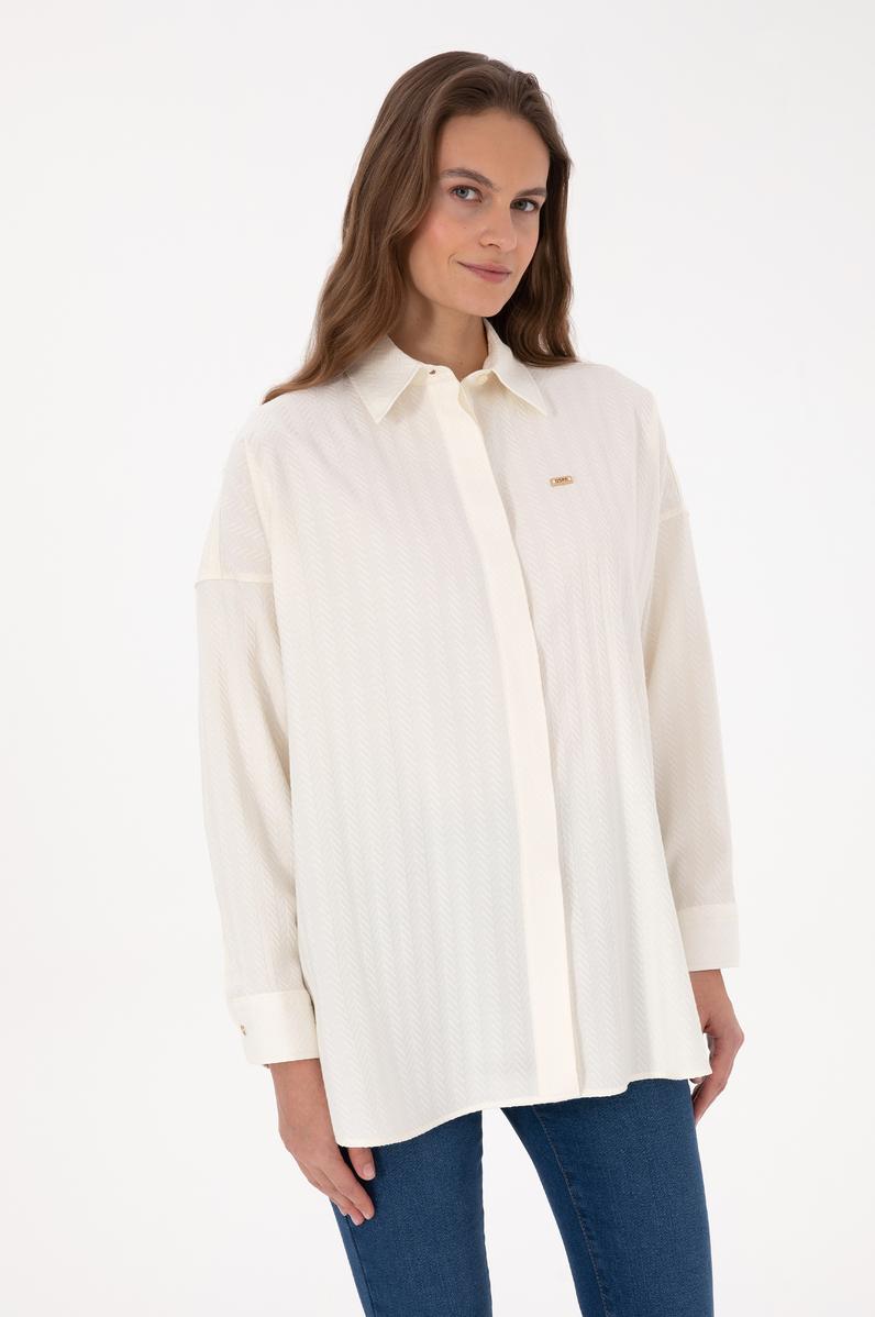 Kadın Krem Uzun Kollu Oversize Desenli Gömlek