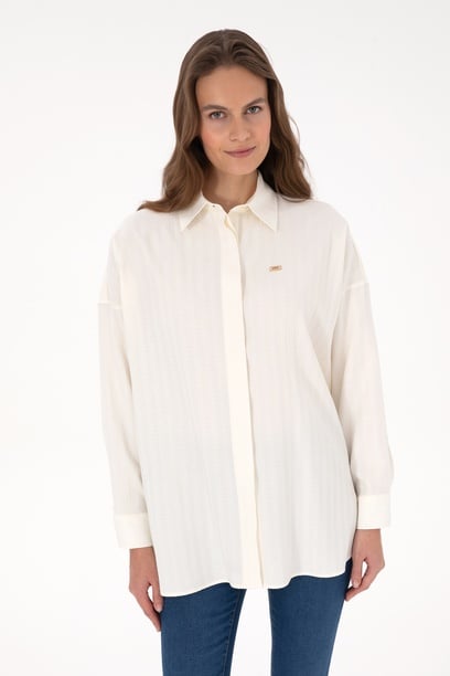 Kadın Krem Uzun Kollu Oversize Desenli Gömlek