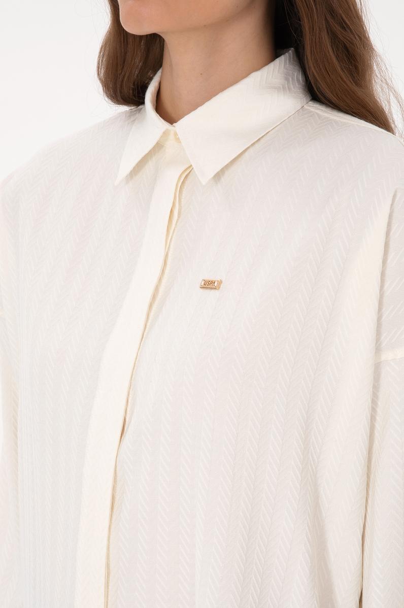 Kadın Krem Uzun Kollu Oversize Desenli Gömlek