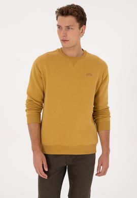 Erkek Comfort Fit Bisiklet Yaka Şardonlu Hardal Basic Sweatshirt - 50313757188