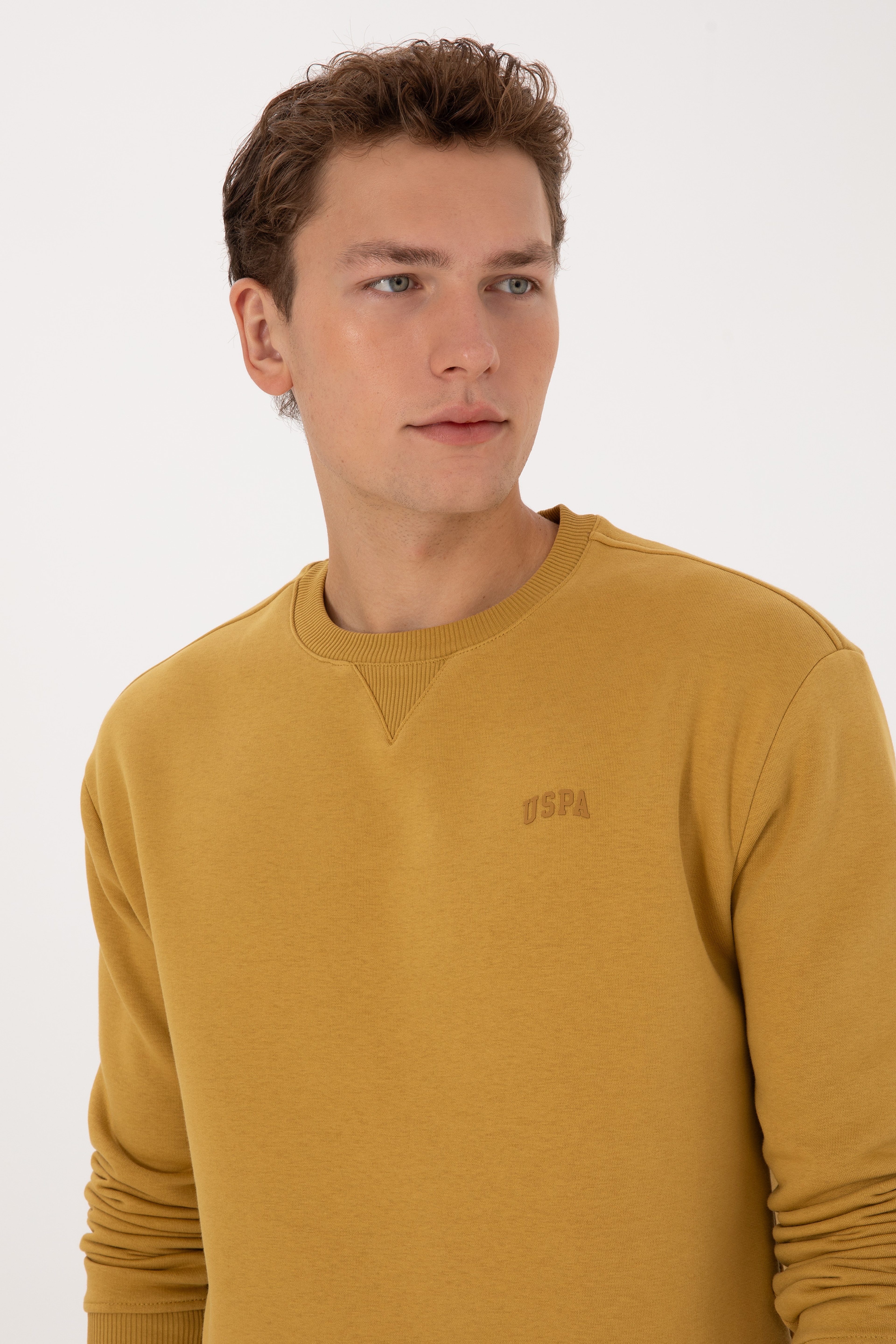 Erkek Comfort Fit Bisiklet Yaka Şardonlu Hardal Basic Sweatshirt - Image 2