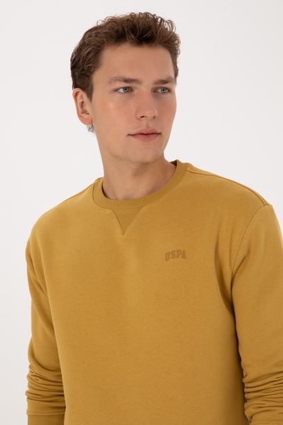 Erkek Comfort Fit Bisiklet Yaka Şardonlu Hardal Basic Sweatshirt