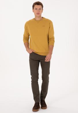 Erkek Comfort Fit Bisiklet Yaka Şardonlu Hardal Basic Sweatshirt - 50313757188