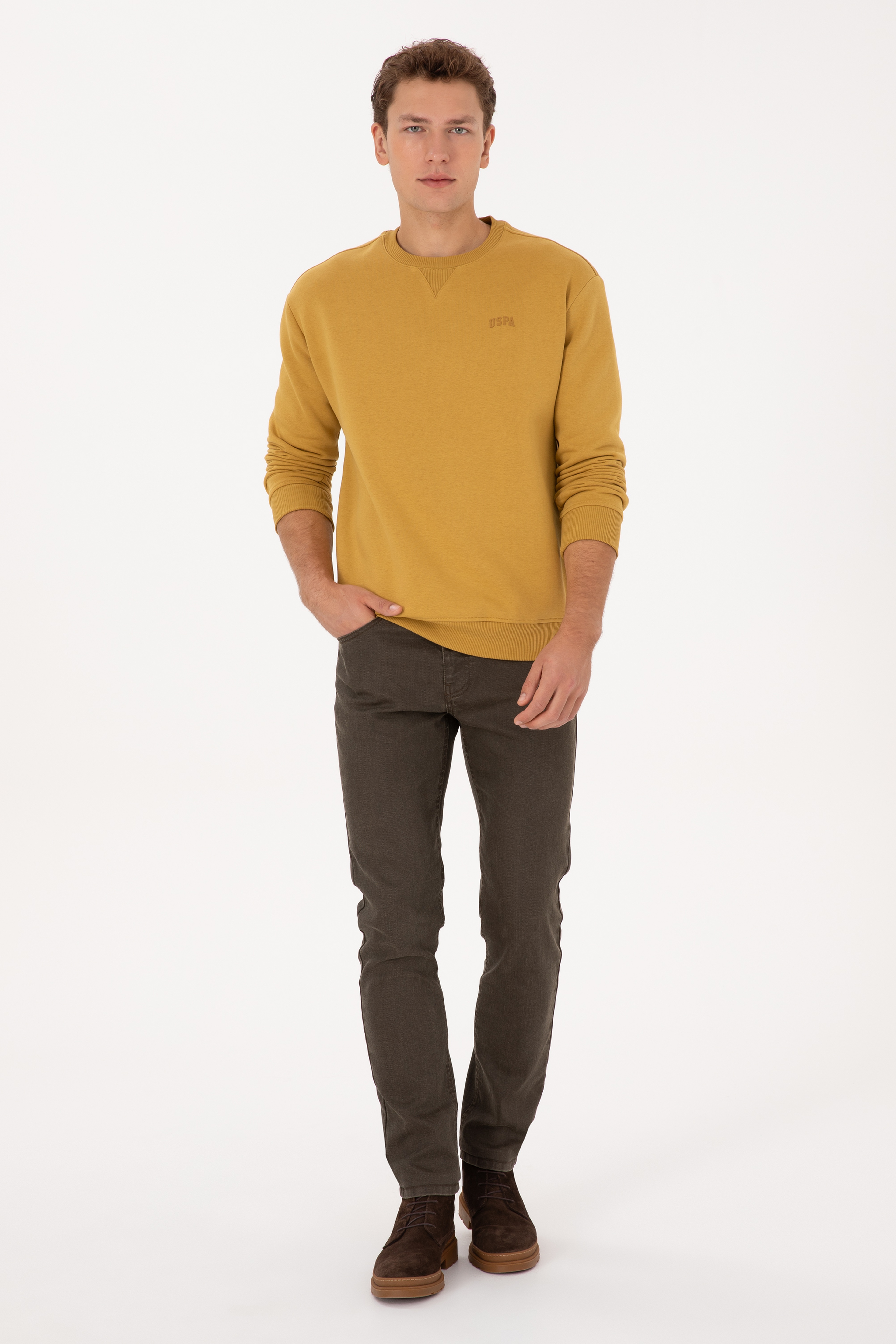 Erkek Comfort Fit Bisiklet Yaka Şardonlu Hardal Basic Sweatshirt - Image 4