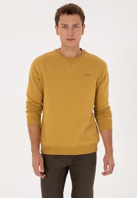 Erkek Comfort Fit Bisiklet Yaka Şardonlu Hardal Basic Sweatshirt - 50313757188
