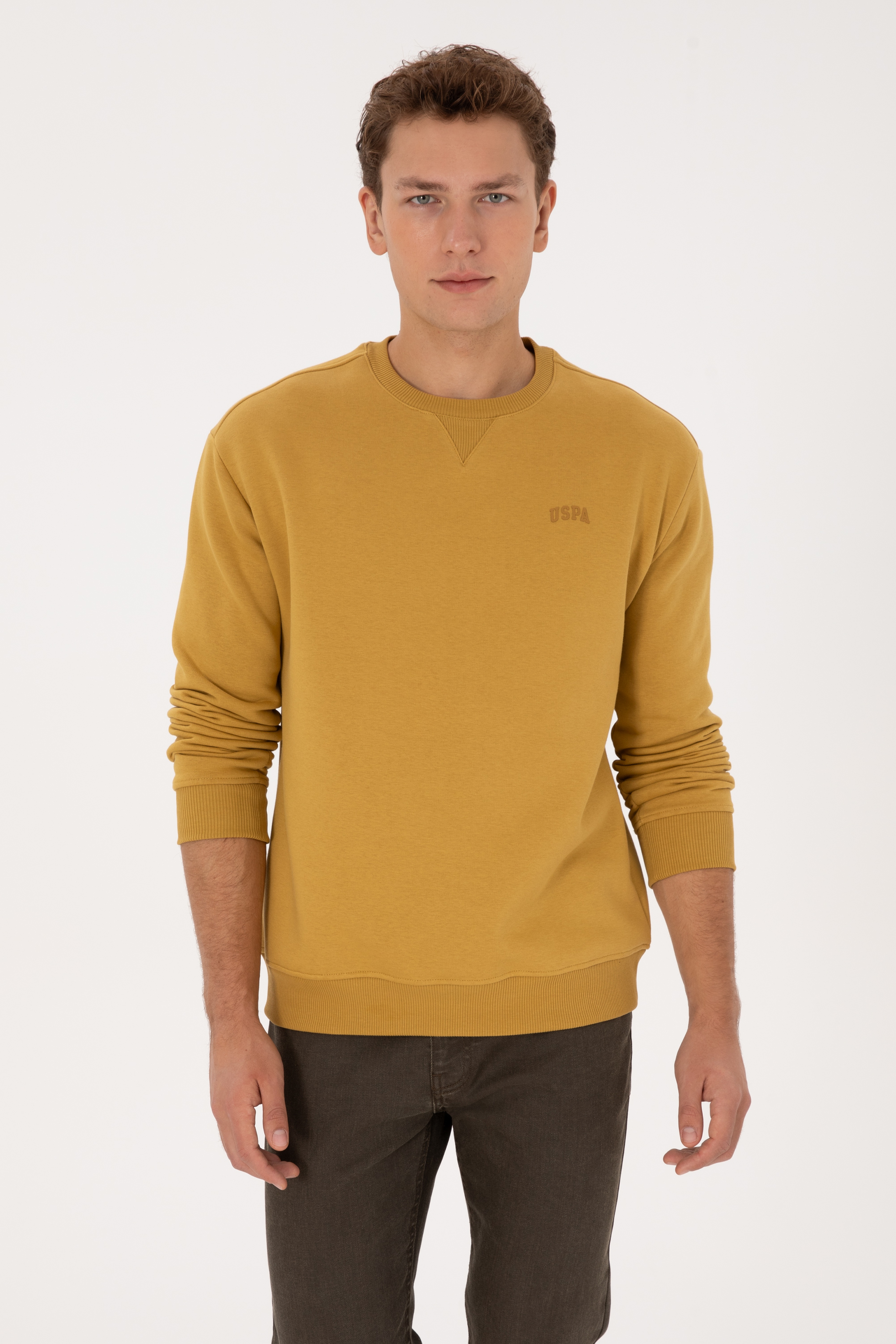Erkek Comfort Fit Bisiklet Yaka Şardonlu Hardal Basic Sweatshirt