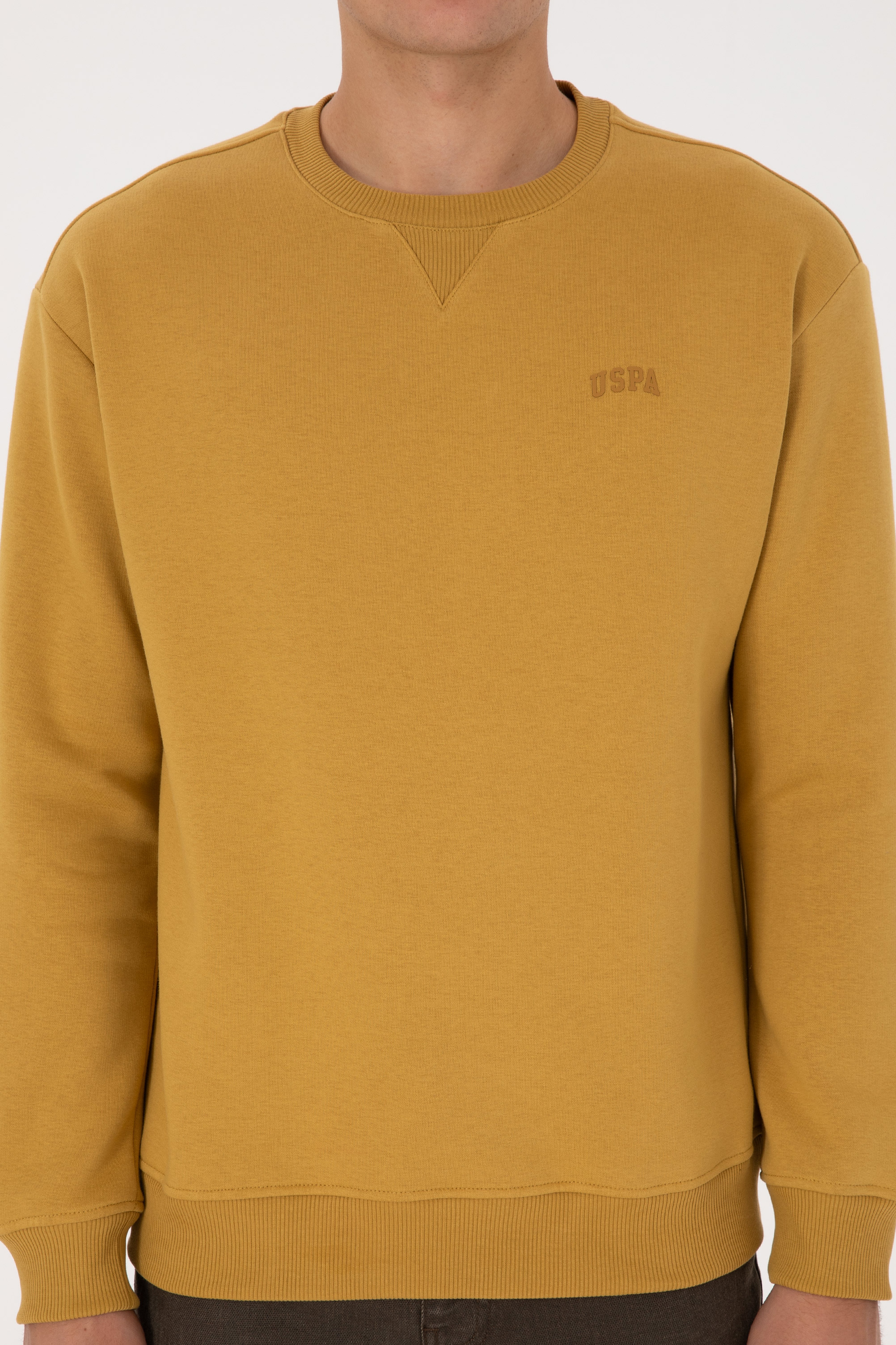 Erkek Comfort Fit Bisiklet Yaka Şardonlu Hardal Basic Sweatshirt - Image 6