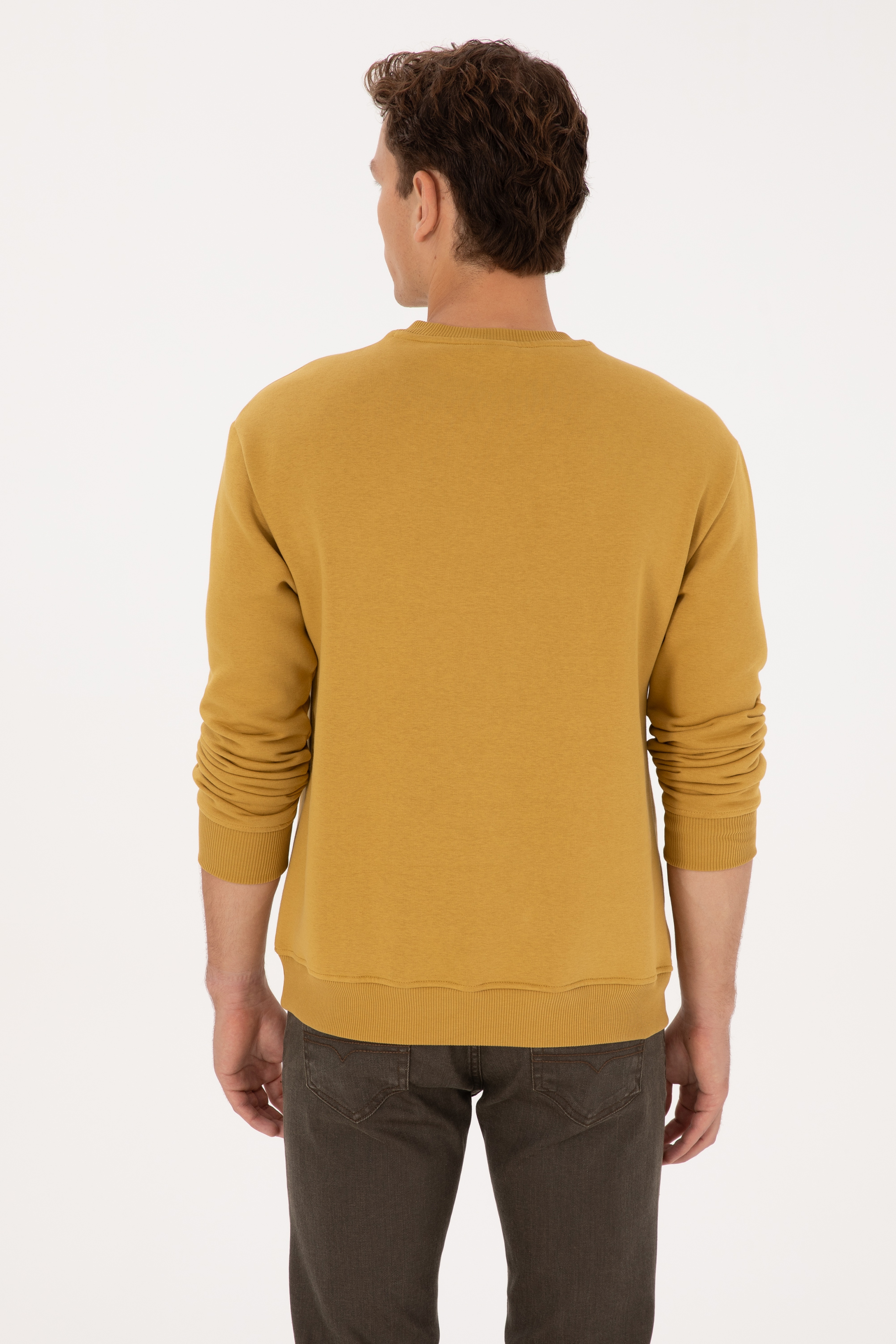 Erkek Comfort Fit Bisiklet Yaka Şardonlu Hardal Basic Sweatshirt