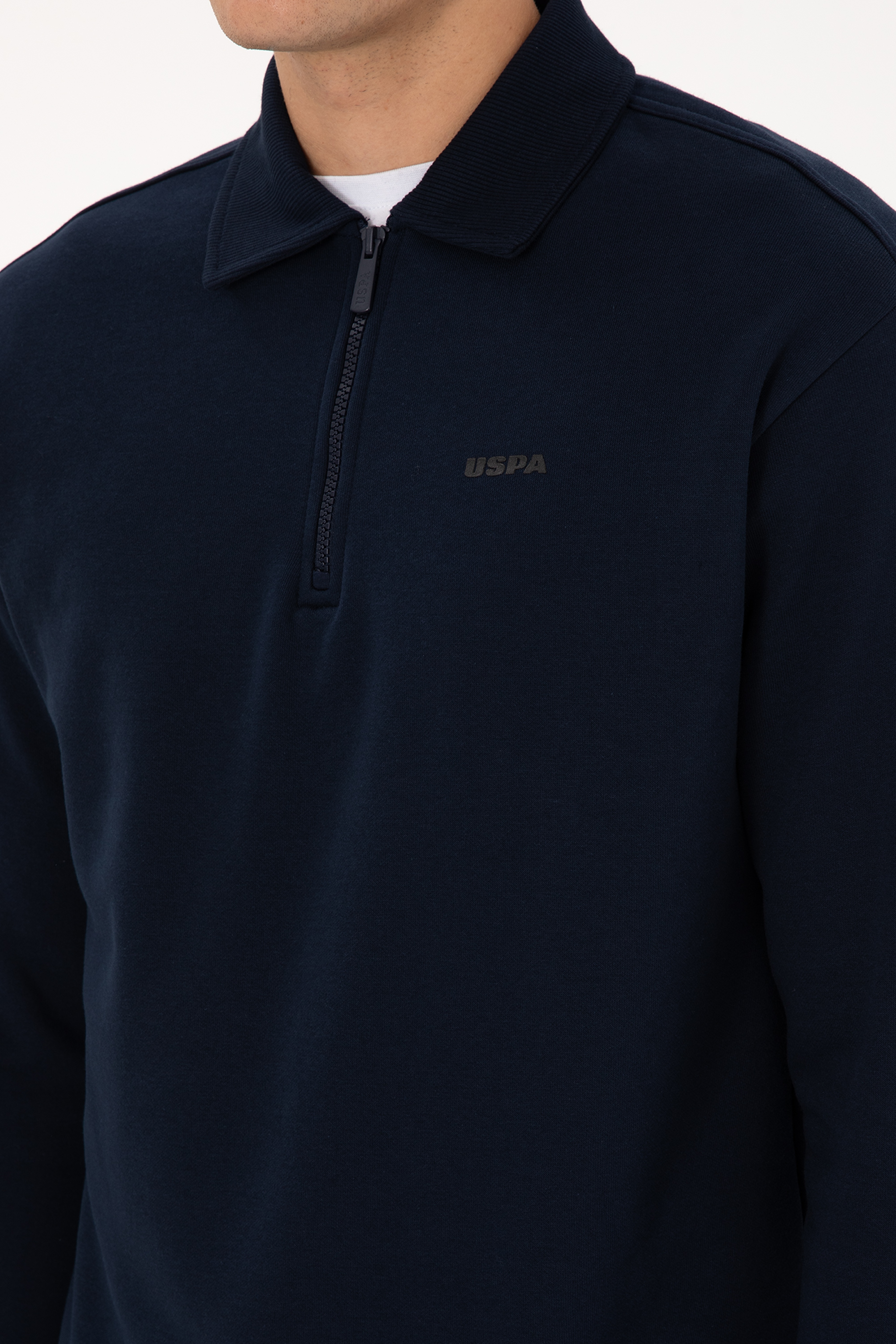Erkek Regular Fit Yarım Fermuarlı Şardonlu Polo Yaka Lacivert Basic Sweatshirt - Image 7