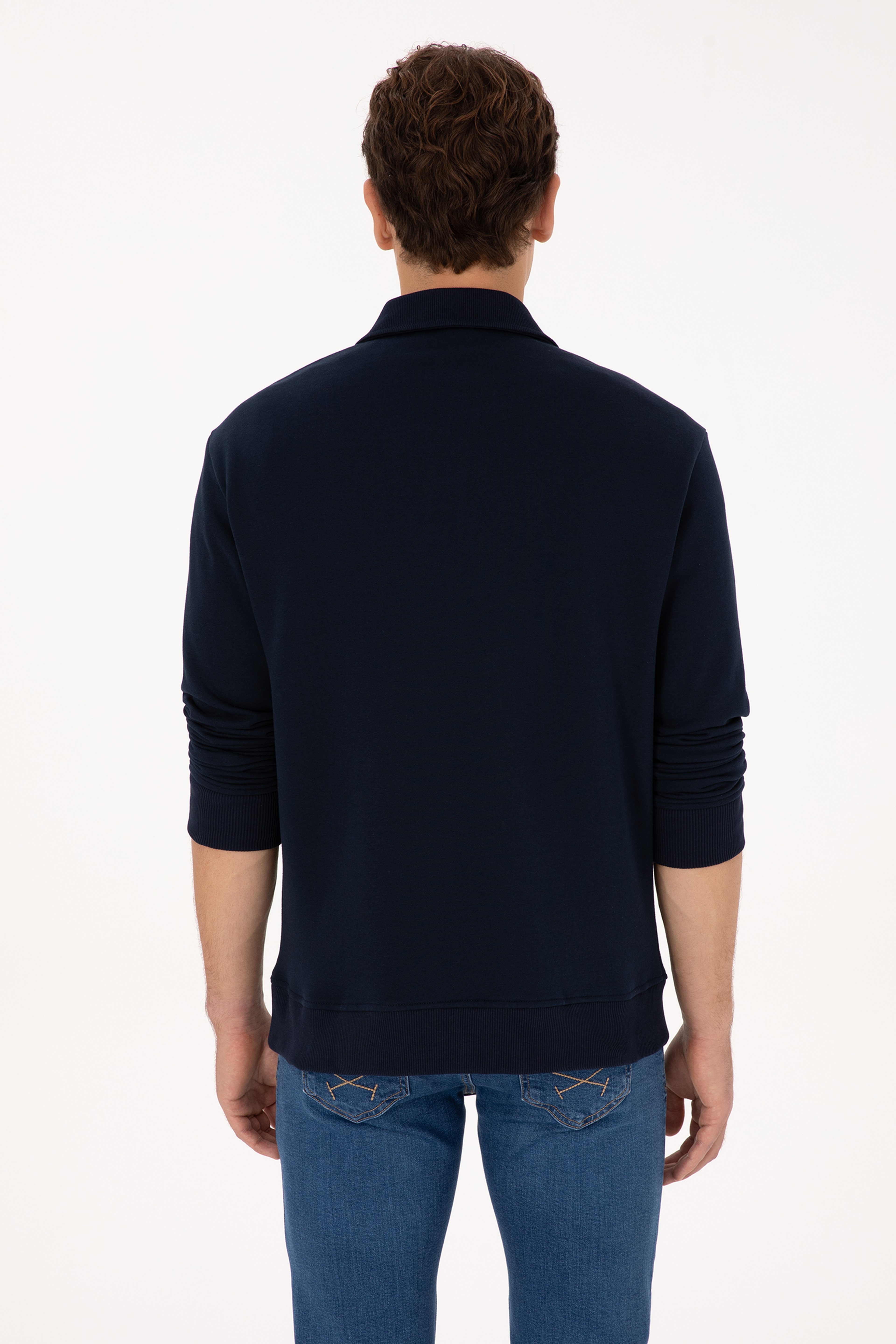 Erkek Regular Fit Yarım Fermuarlı Şardonlu Polo Yaka Lacivert Basic Sweatshirt