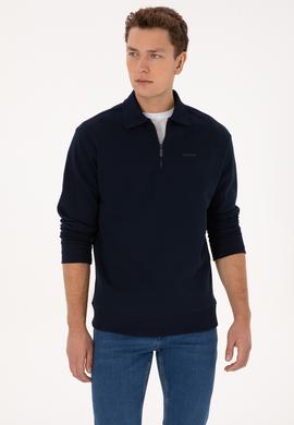 Erkek Regular Fit Yarım Fermuarlı Şardonlu Lacivert Basic Sweatshirt - 50313783016