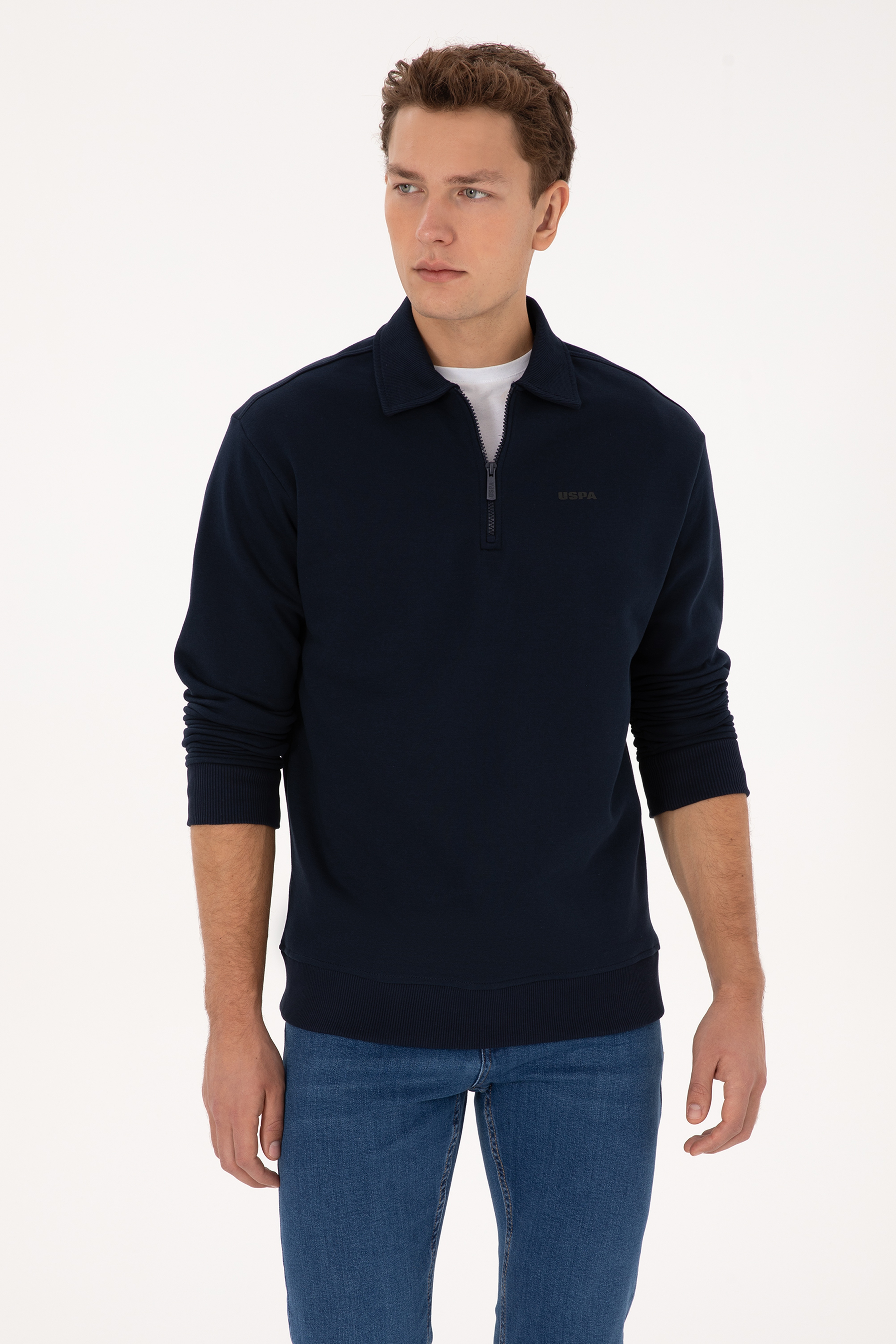 Erkek Regular Fit Yarım Fermuarlı Şardonlu Polo Yaka Lacivert Basic Sweatshirt - Image 3