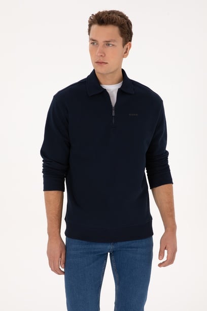 Erkek Regular Fit Yarım Fermuarlı Şardonlu Polo Yaka Lacivert Basic Sweatshirt