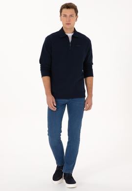 Erkek Regular Fit Yarım Fermuarlı Şardonlu Lacivert Basic Sweatshirt - 50313783016