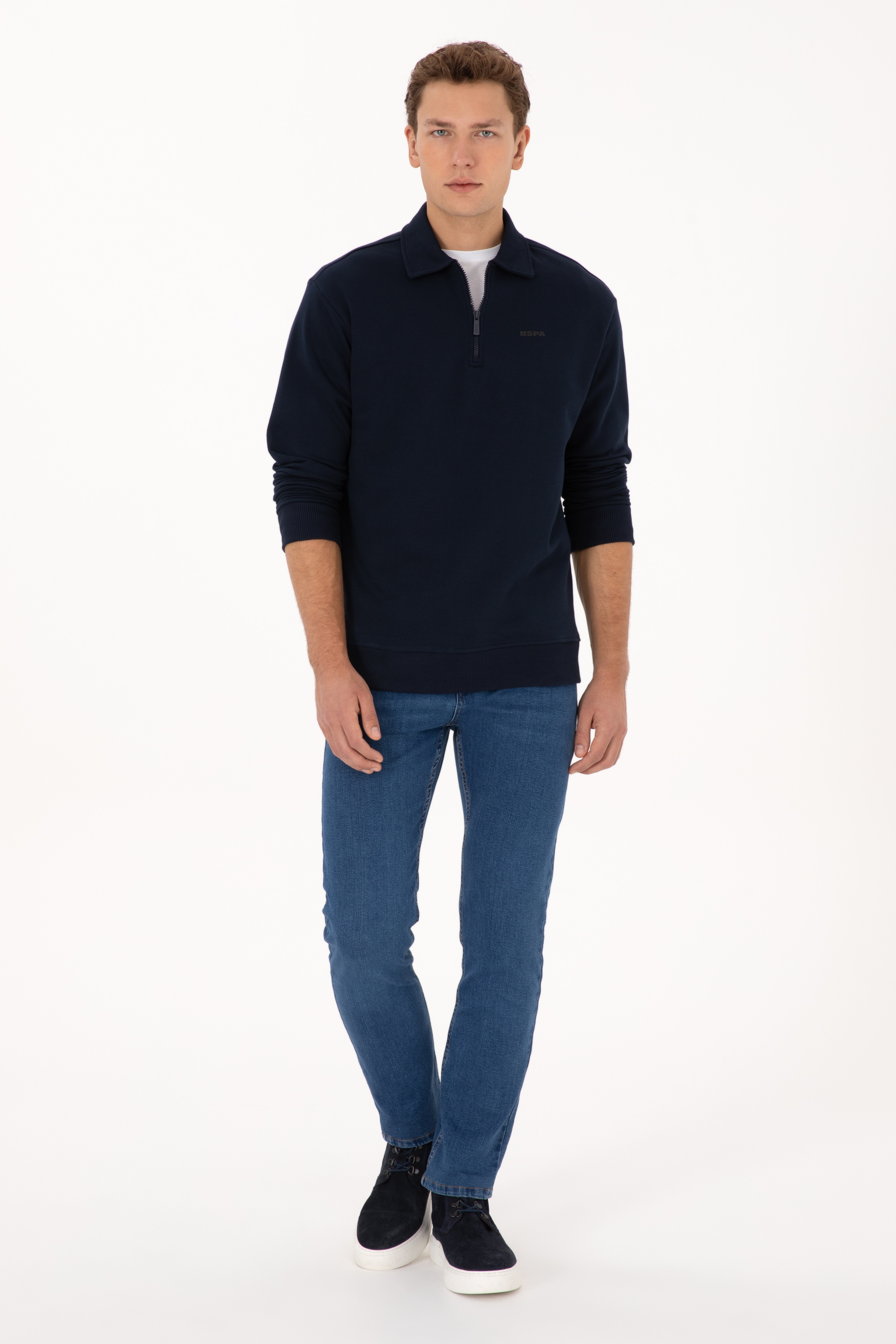 Erkek Regular Fit Yarım Fermuarlı Şardonlu Polo Yaka Lacivert Basic Sweatshirt - Image 4