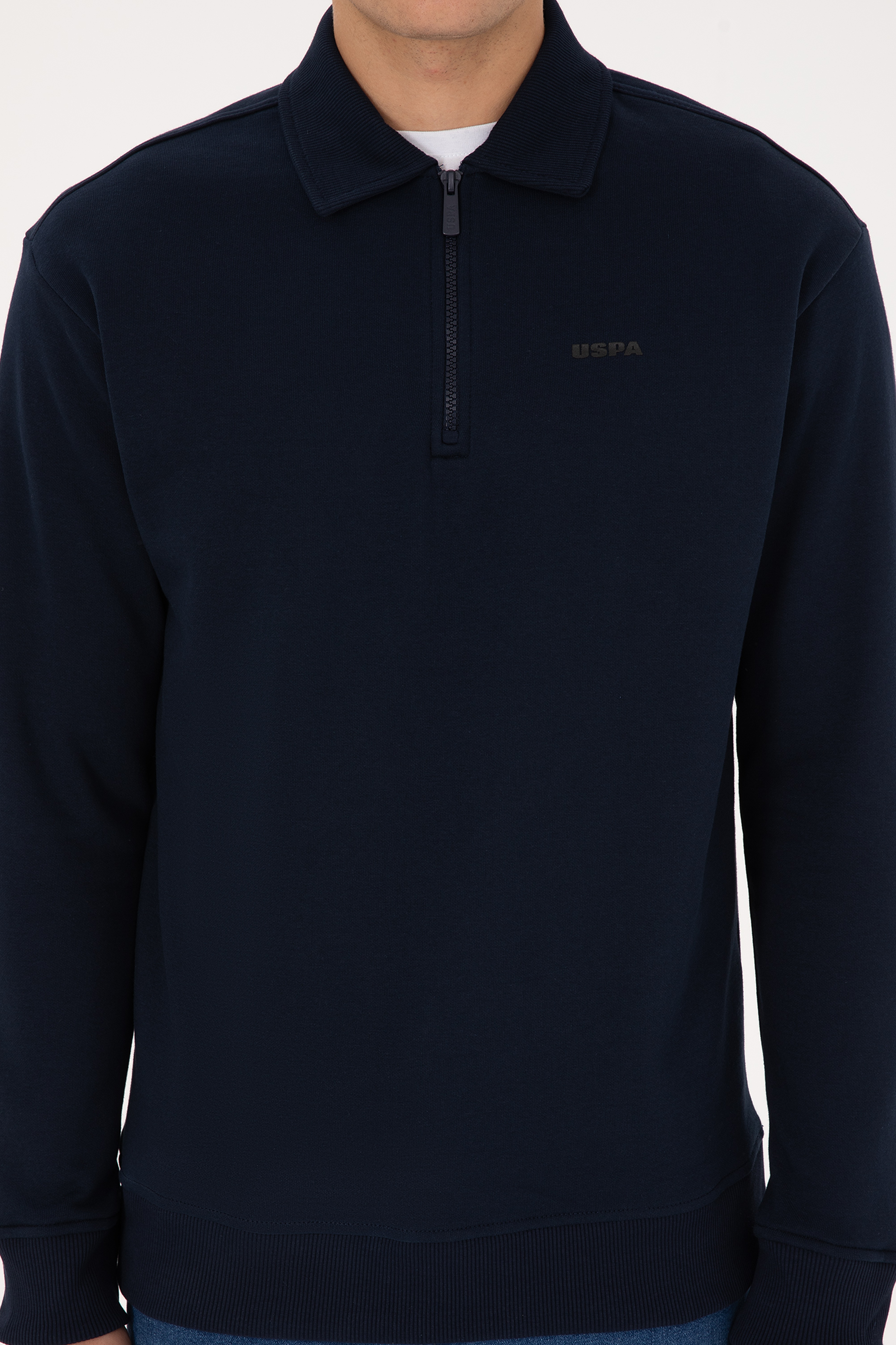 Erkek Regular Fit Yarım Fermuarlı Şardonlu Polo Yaka Lacivert Basic Sweatshirt