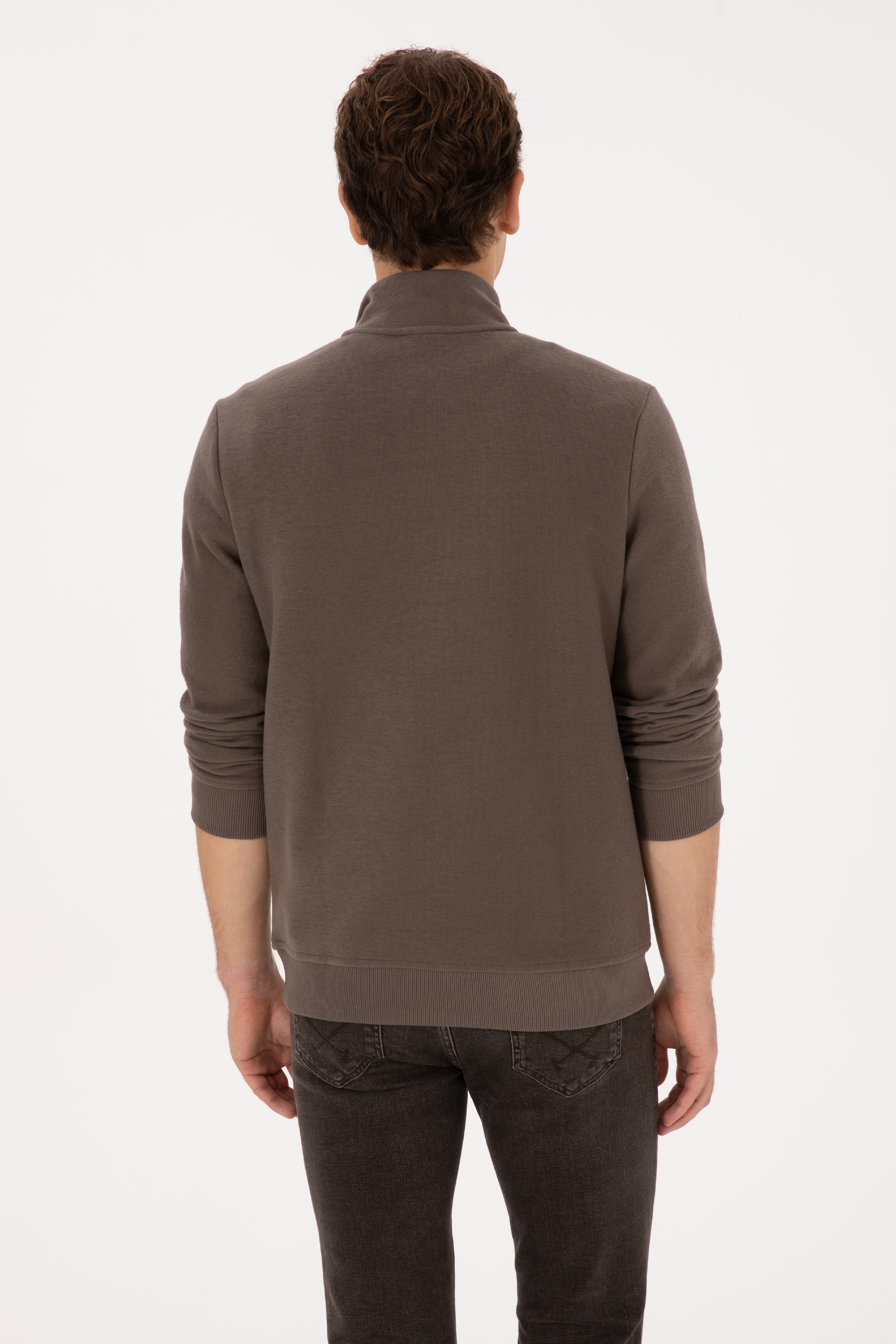 Erkek Regular Fit Yarım Fermuarlı Şardonlu Polo Yaka Vizon Basic Sweatshirt