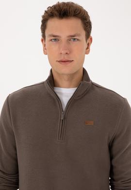 Erkek Regular Fit Yarım Fermuarlı Vizon Basic Sweatshirt - 50313802071