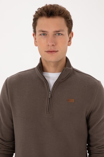 Erkek Regular Fit Yarım Fermuarlı Şardonlu Polo Yaka Vizon Basic Sweatshirt