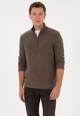 Erkek Regular Fit Yarım Fermuarlı Vizon Basic Sweatshirt - 50313802071