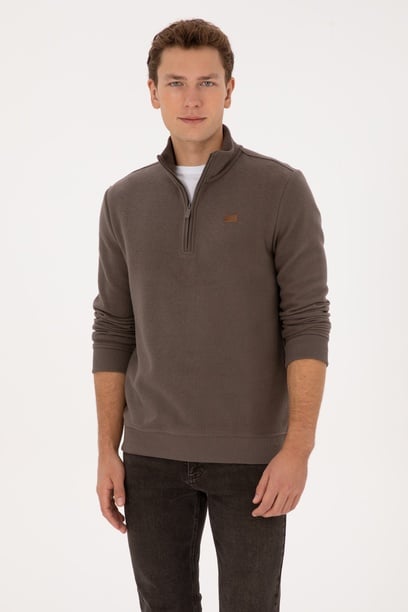 Erkek Regular Fit Yarım Fermuarlı Şardonlu Polo Yaka Vizon Basic Sweatshirt