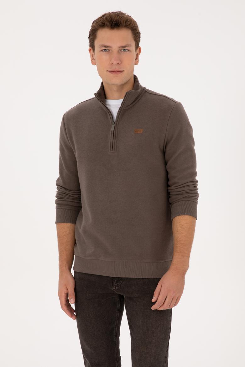 Erkek Regular Fit Yarım Fermuarlı Vizon Basic Sweatshirt - 50313802071
